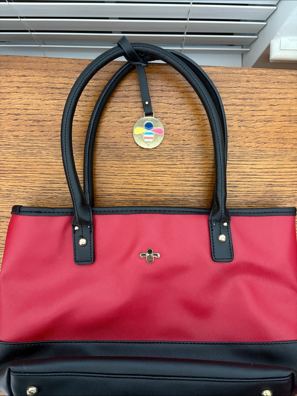 Red and Black Women's Tote Bag with Bee Accent